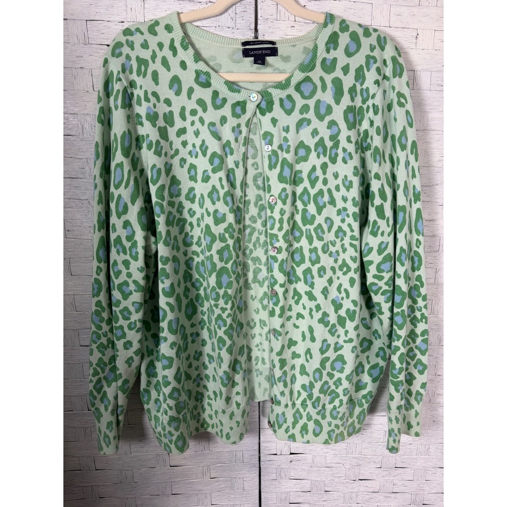 Lands'End Womens Cardigan 100% Supima Cotton Leopard Print Green Blue Plus Size